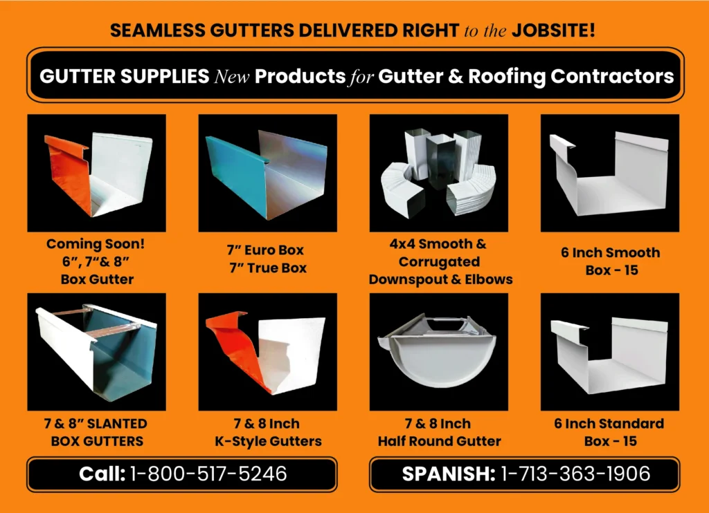 Sample gutter and downspout profiles including box, K-style, half round, and slanted box styles formed by our machines
